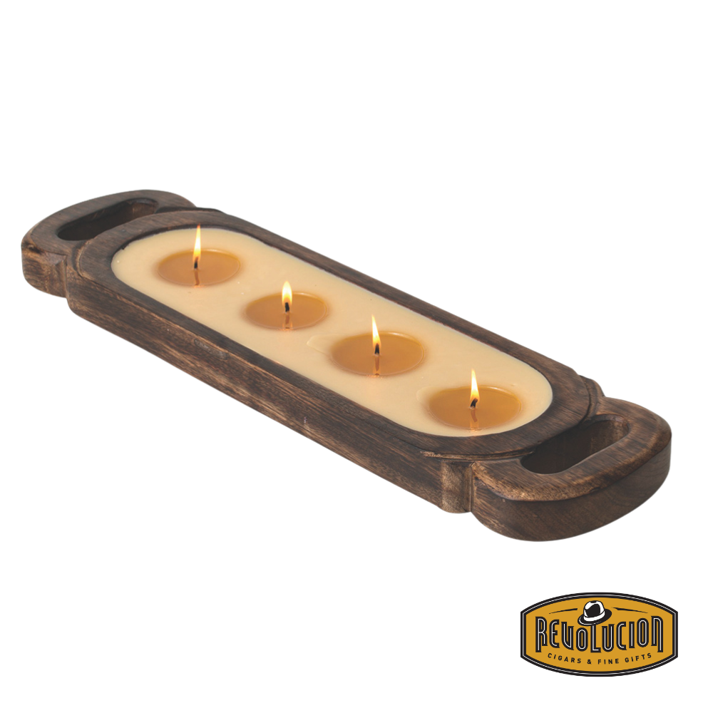 Himalayan Handmade Candles - Medium Wooden Tray in Tobacco Bark, a lit candle in a rustic wooden tray with four wicks.