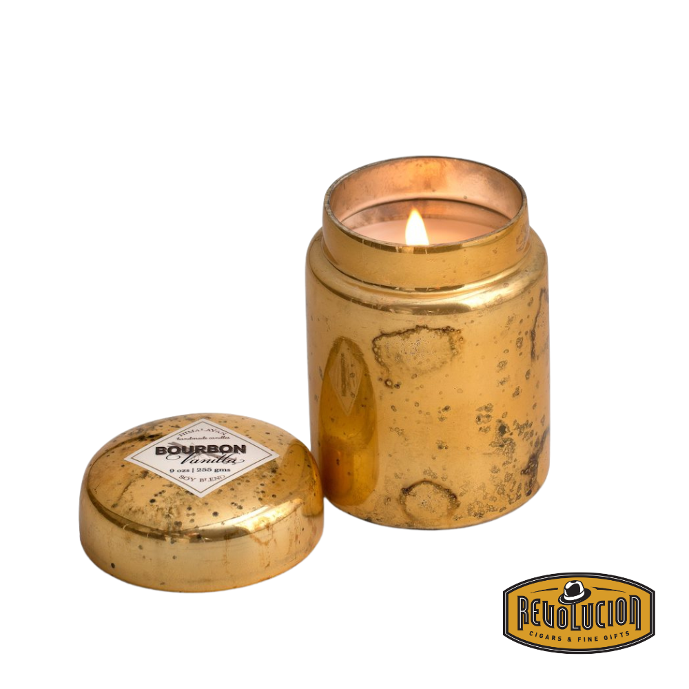 Himalayan Smoke Mountain Fire Glass Lidded Candle – 9oz candle housed in a stylish glass jar, featuring a warm and rich bourbon vanilla aroma.