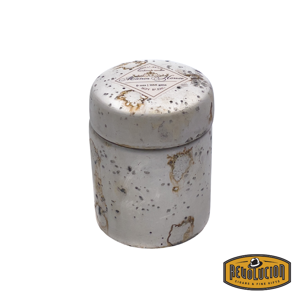 Himalayan Smoke Mountain Fire Glass Lidded Candle – 9oz candle in a sleek glass jar, featuring the refined scent of Manor House.