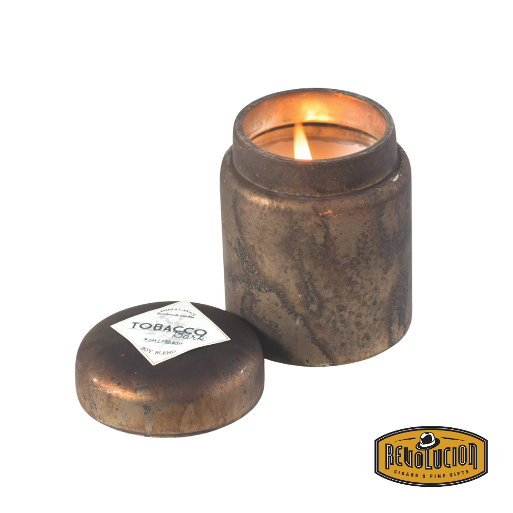 Himalayan Smoke Mountain Fire Glass Lidded Candle – 9oz candle in a luxurious glass jar, featuring the rich and earthy aroma of tobacco bark.