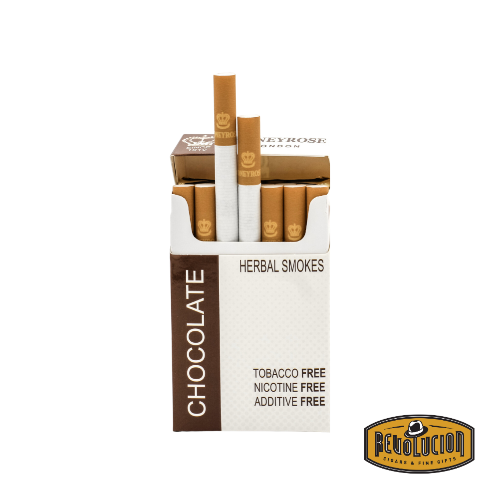 Honeyrose Chocolate Herbal Cigarettes in a pack of 20, featuring a brown and white design with tobacco-free, nicotine-free, and additive-free labeling.