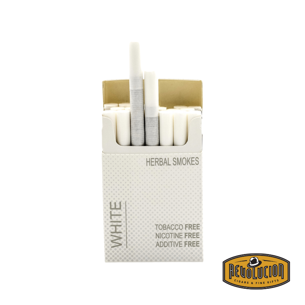 Honeyrose London White Herbal Cigarettes in a pack of 20, featuring an elegant white design. Tobacco-free, nicotine-free, and additive-free.