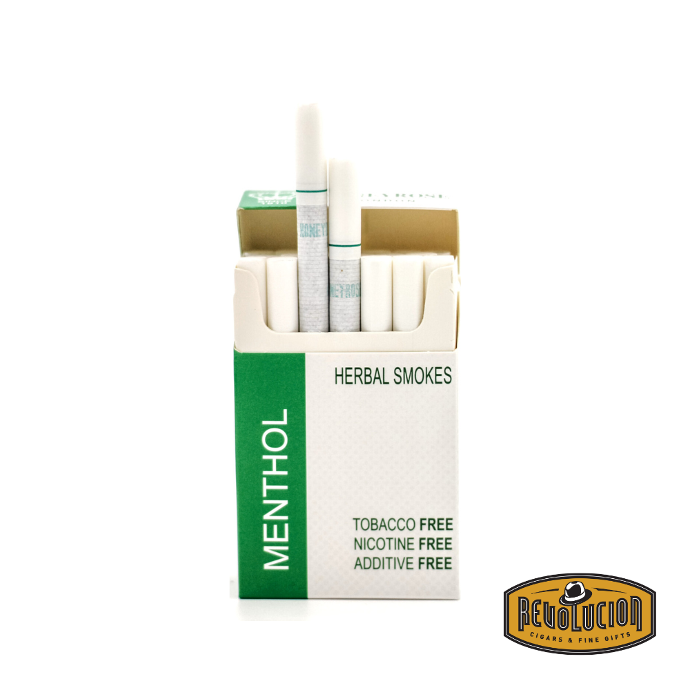 Honeyrose Menthol Herbal Cigarettes in a pack of 20, featuring a green and white design with tobacco-free, nicotine-free, and additive-free labeling.