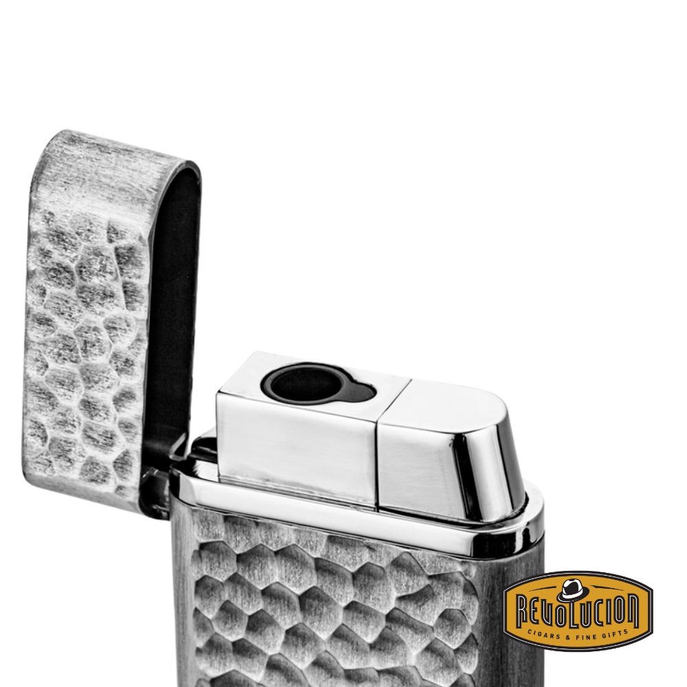 IM Corona Flambeau 7317 Jet Lighter with the lid open, showcasing the precise jet flame ignition system and chrome detailing.