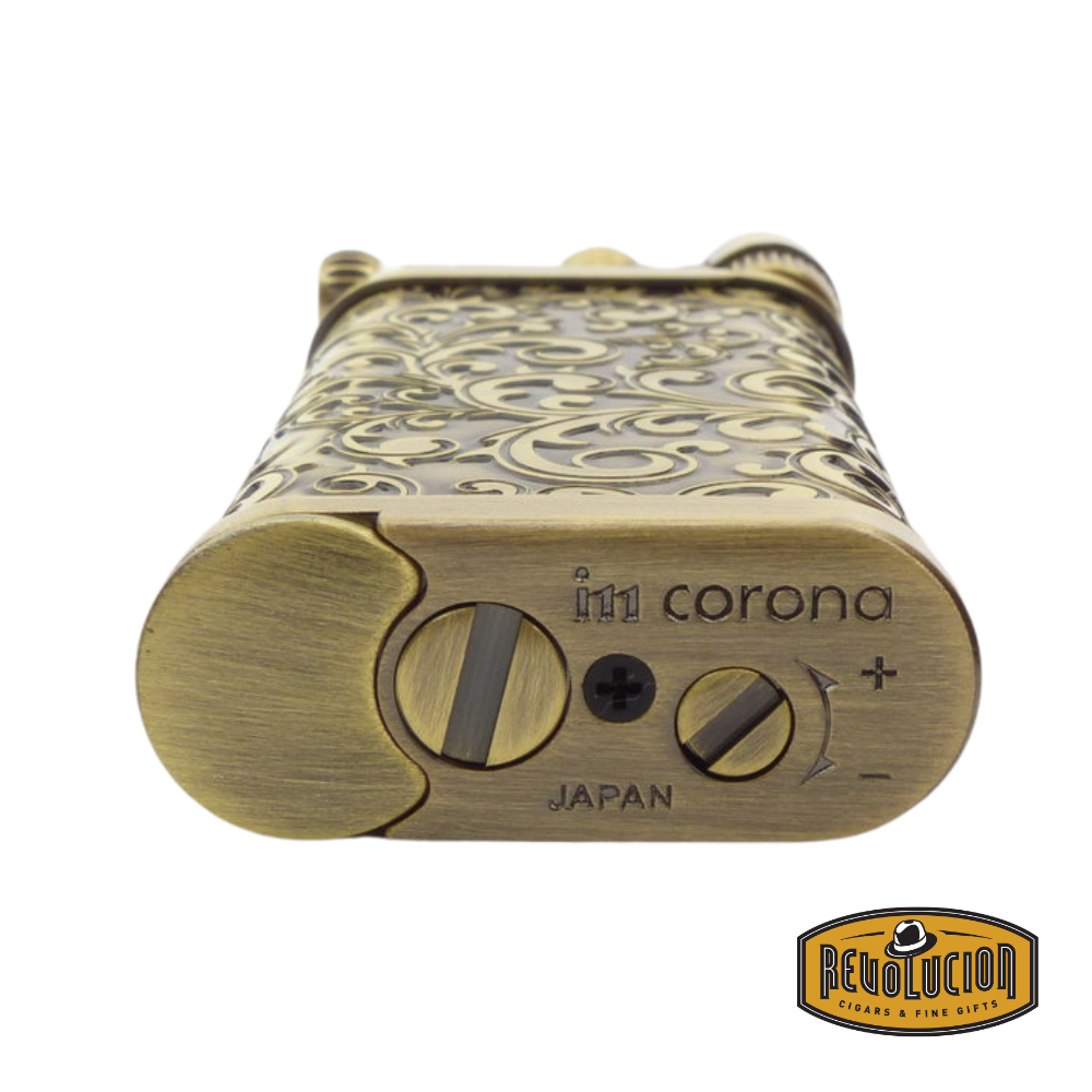 IM Corona Old Boy 2525 Pipe Lighter viewed from the base, highlighting the refill valve and flame adjustment mechanism.