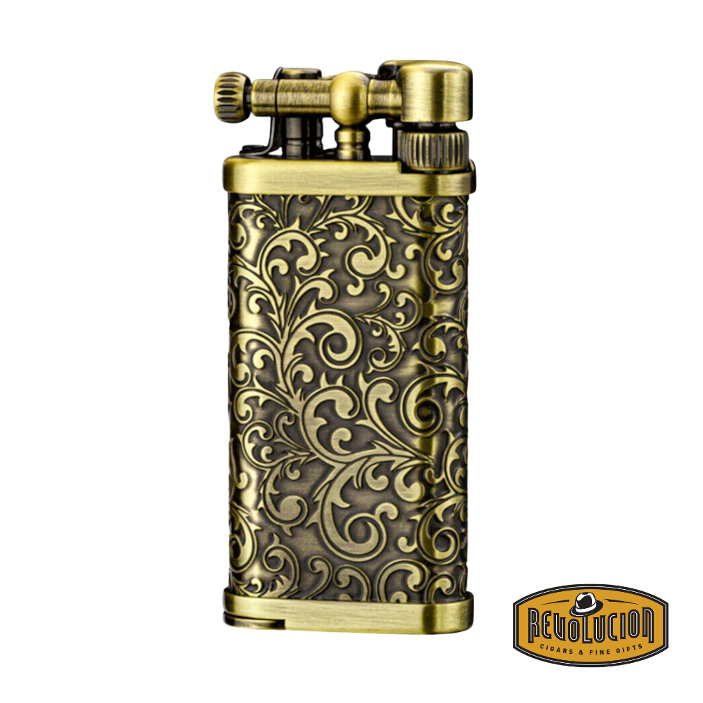 IM Corona Old Boy 2525 Pipe Lighter in brushed chrome with vertical lines, shown from the front with its iconic flint-wheel ignition.