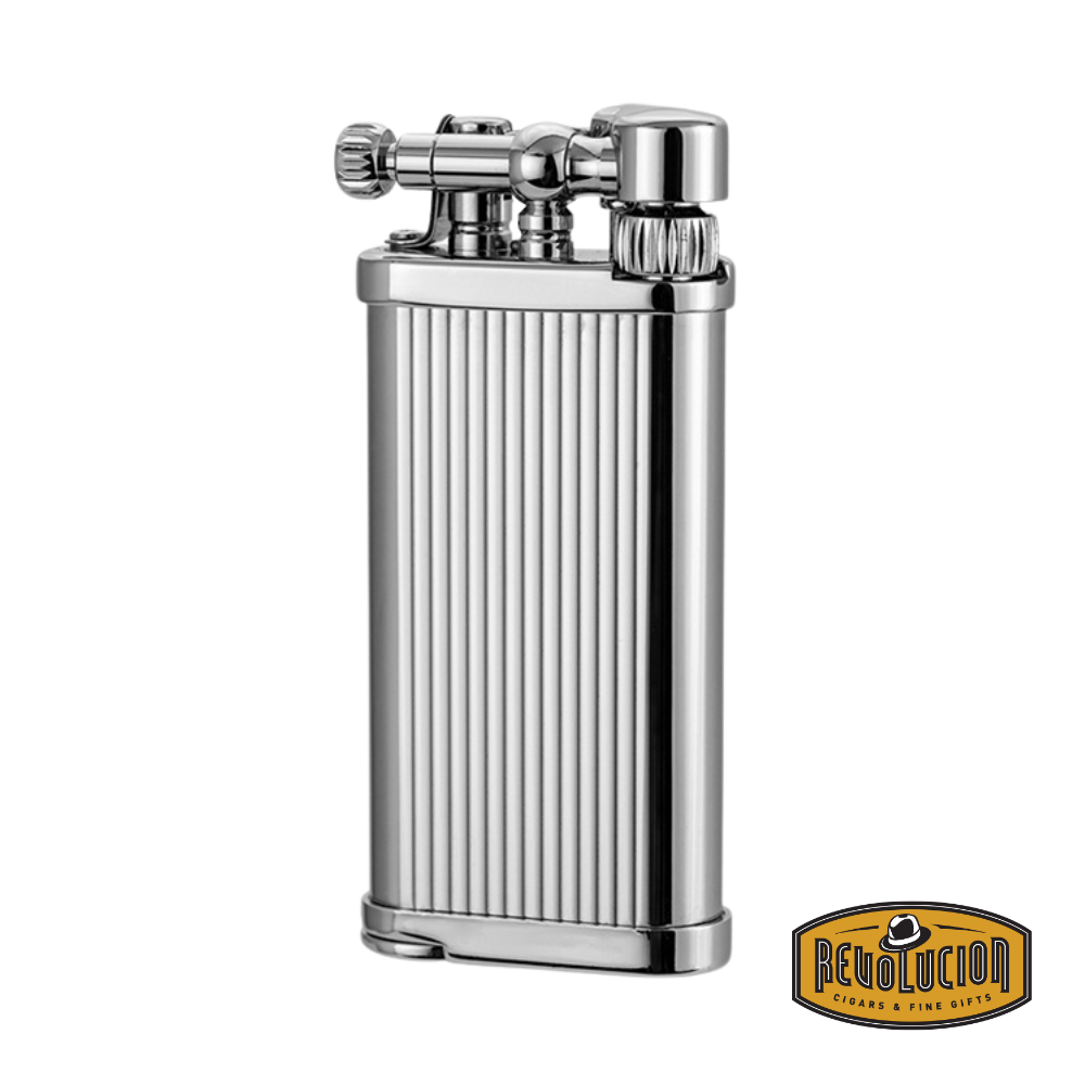 IM Corona Old Boy 3306 Pipe Lighter, front view featuring a polished chrome body with vertical line detailing and a classic flint ignition system.
