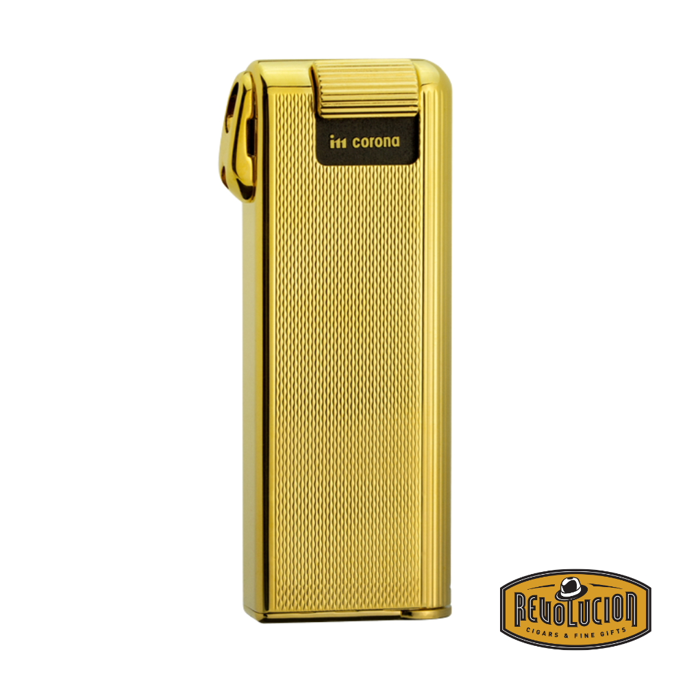 IM Corona Pipe Master 5202 Pipe Lighter, front view highlighting its rich wood grain finish, sleek metallic accents, and classic rectangular shape.