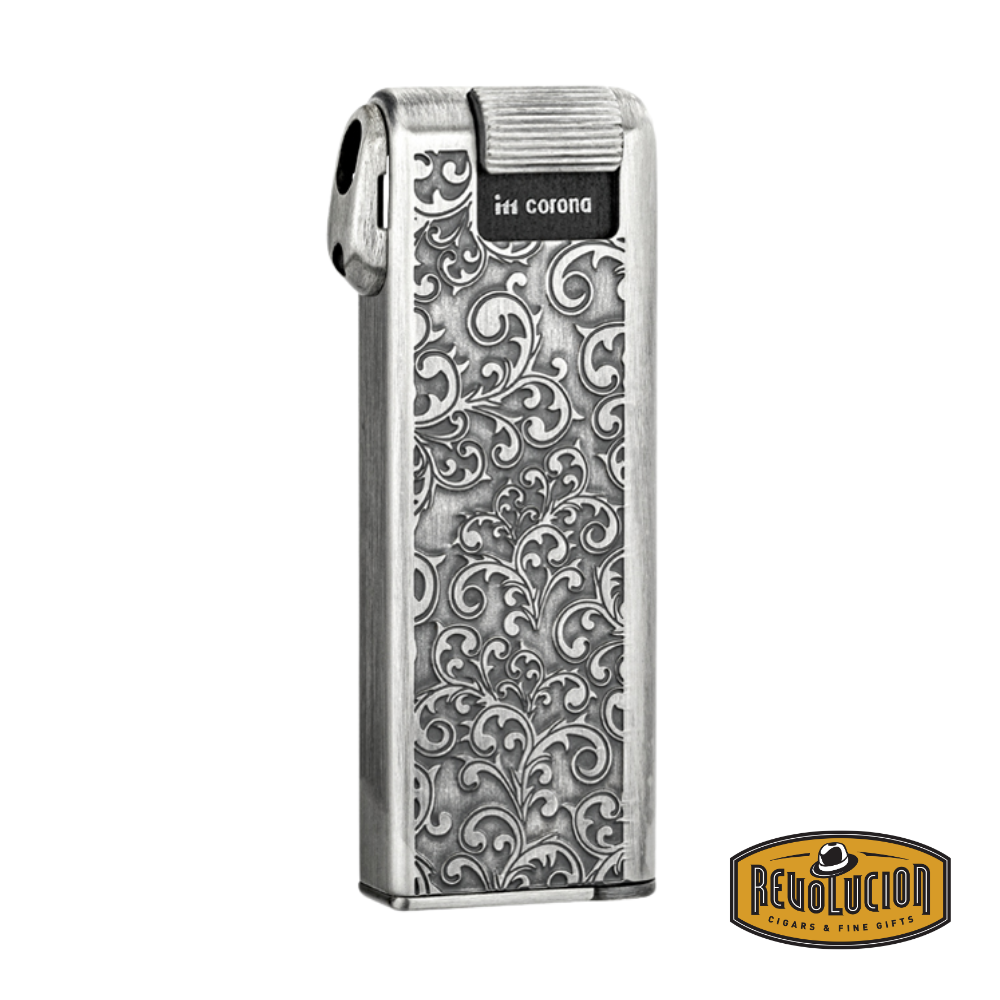 IM Corona Pipe Master 7525 Pipe Lighter, front view showcasing its deep textured finish, silver trim, and refined rectangular silhouette.