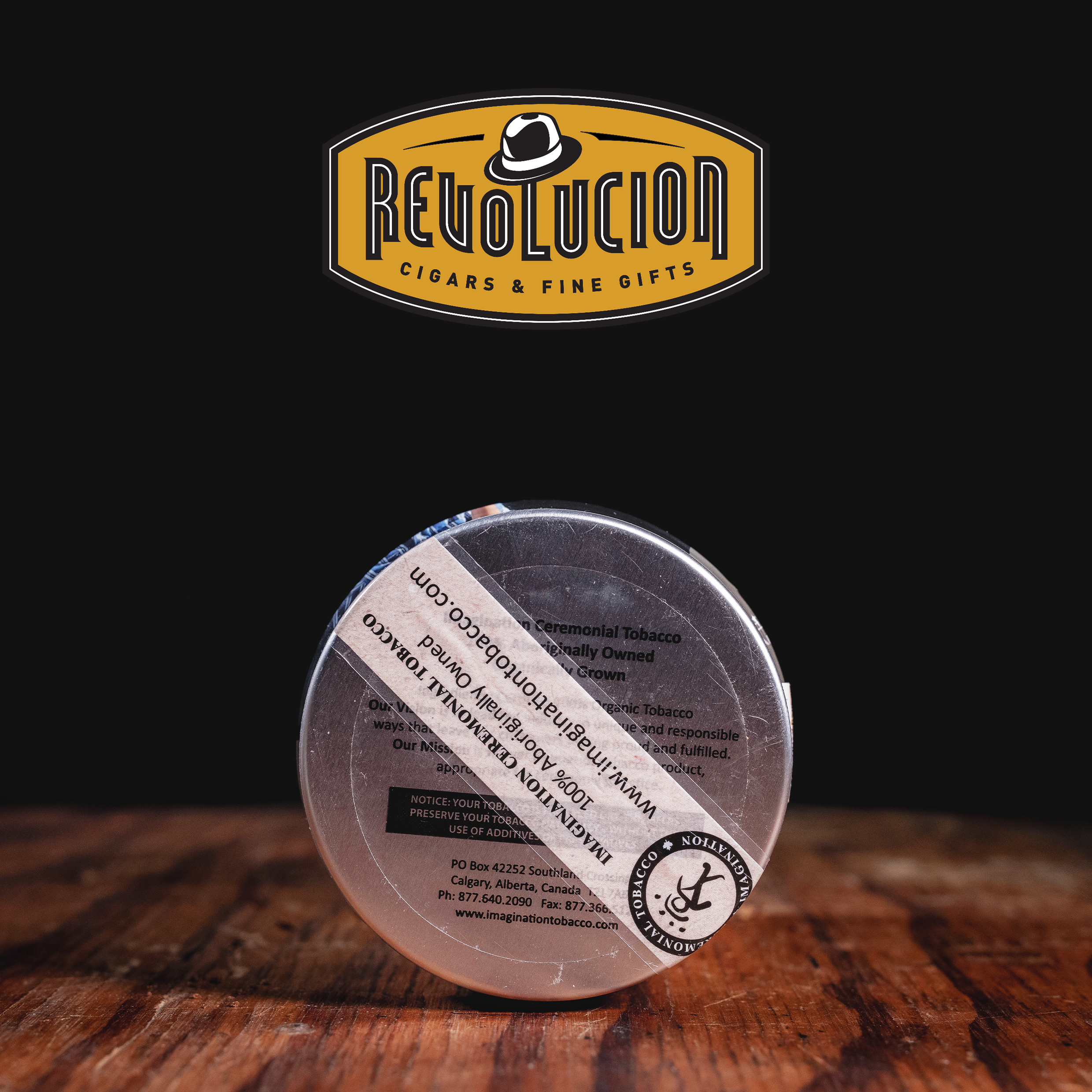 Back view of Imagination Ceremonial Tobacco 50g can with product details and description.