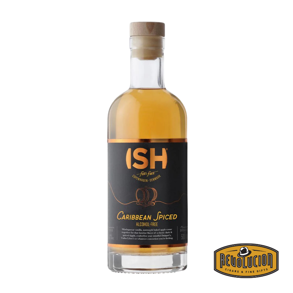 A 500 ml bottle of ISH Caribbean Spiced Alcohol-Free Rum with a bold label, capturing the essence of spiced rum without the alcohol, perfect for creating flavorful mocktails.
