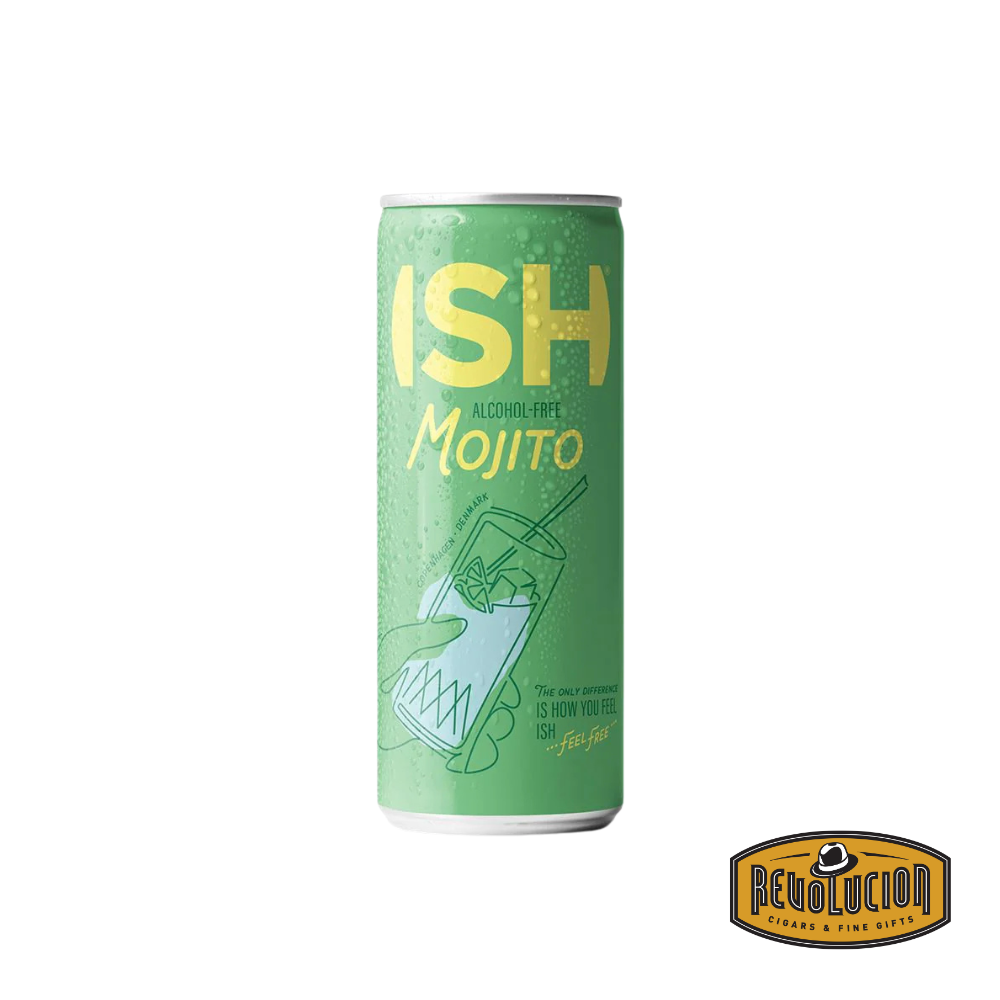 A 250 ml can of ISH Mojito Non-Alcoholic Cocktail featuring a crisp, refreshing label design, offering a vibrant, minty flavor for an alcohol-free alternative to the classic mojito.