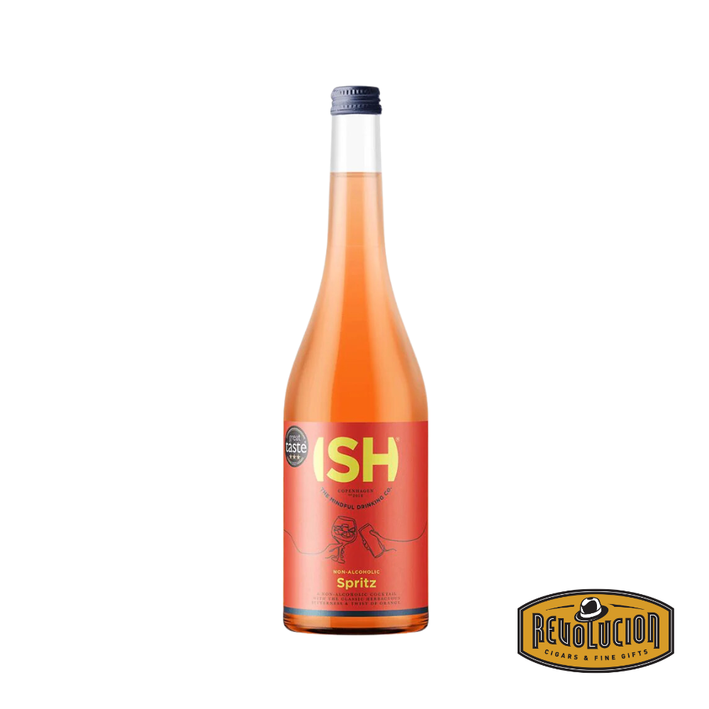 A 750 ml bottle of ISH Spritz Non-Alcoholic Cocktail featuring a vibrant orange label, designed to resemble the classic Italian aperitif in a sophisticated, alcohol-free version.