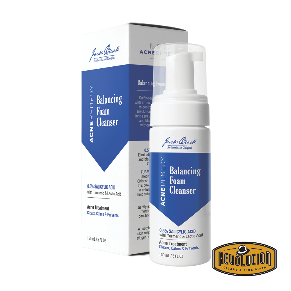 Jack Black Balancing Foam Cleanser – Sleek blue bottle of gentle foaming facial cleanser designed to remove dirt and excess oil without drying the skin.