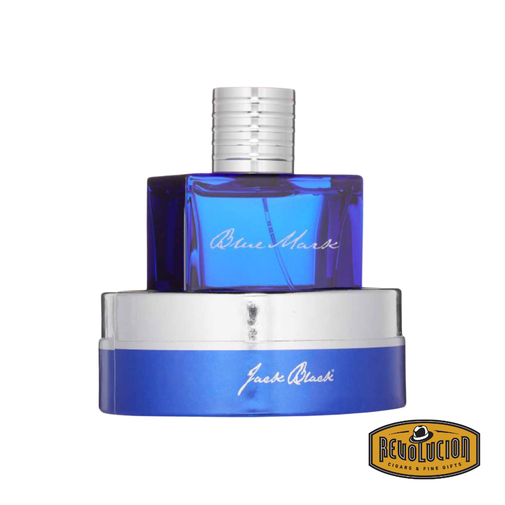 Jack Black Blue Mark Eau de Parfum bottle nestled inside the bottom part of its elegant packaging.