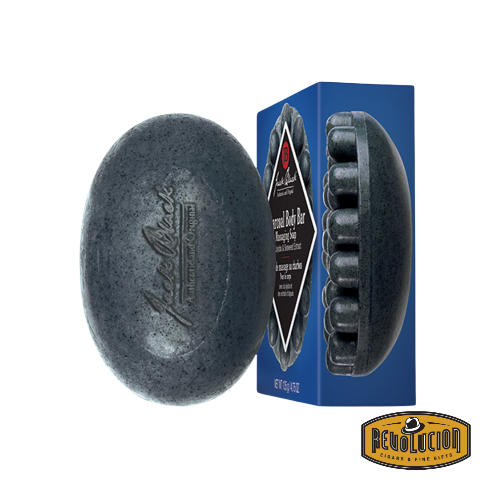 Jack Black Charcoal Body Bar Massaging Soap – a textured black soap bar designed for deep cleansing and exfoliation, featuring massaging nubs for an invigorating skin experience.