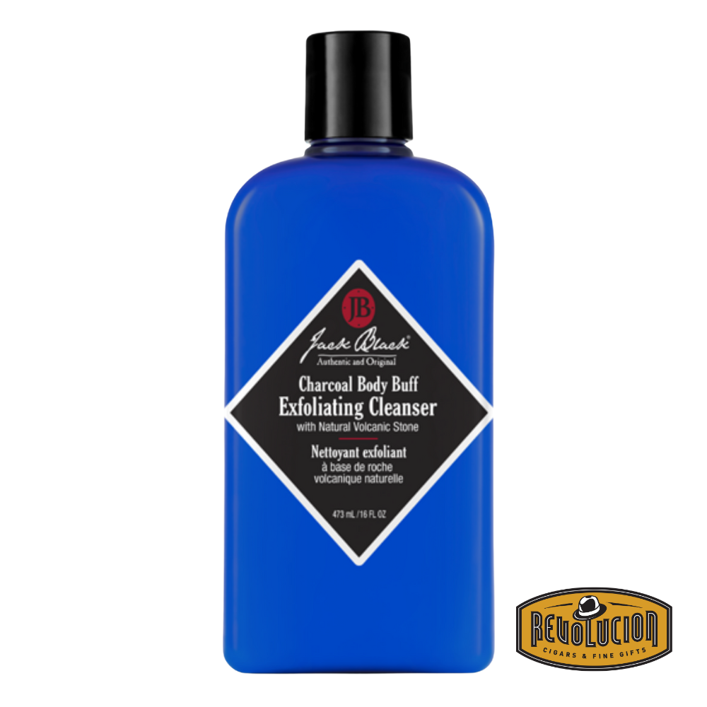 Jack Black Charcoal Body Buff Exfoliating Cleanser in a sleek, dark blue bottle with bold white and silver accents, formulated to deeply cleanse and exfoliate the body.