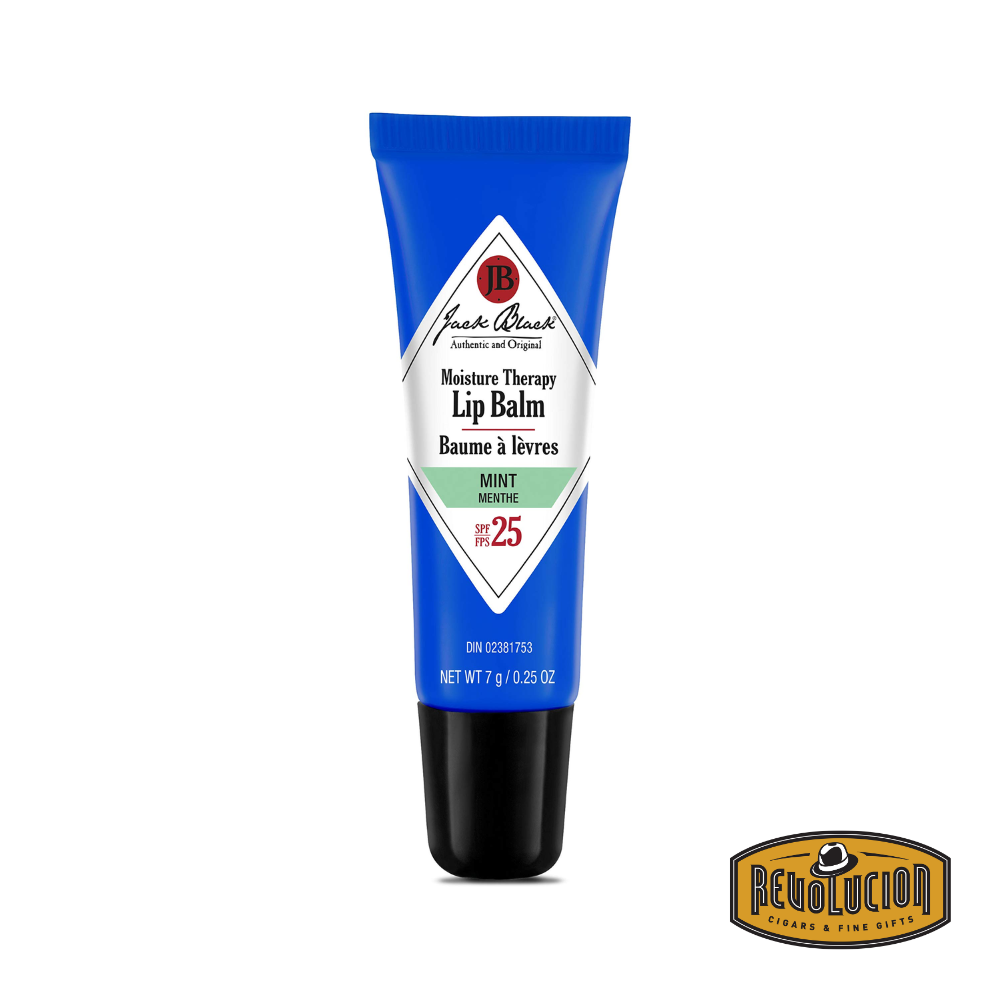 Jack Black Moisture Therapy Lip Balm SPF 25 in mint flavor, featuring a blue squeezable tube with sleek black cap and clean label design.