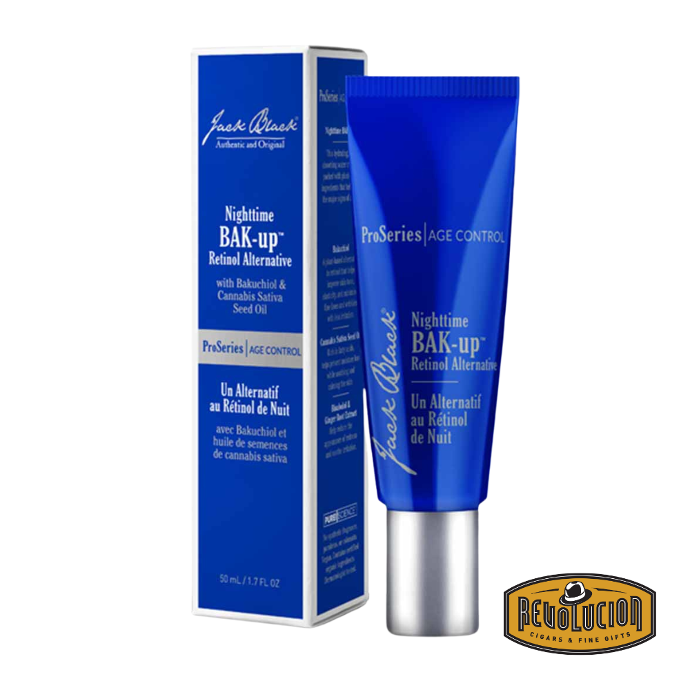 Jack Black Nighttime BAK-up – A stylish blue and black bottle of retinol alternative serum designed for nighttime skin renewal.