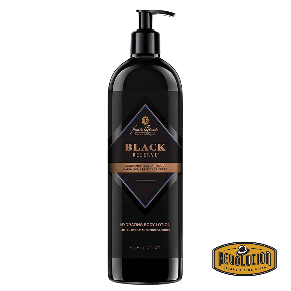 Jack Black Reserve Body Lotion bottle featuring a sleek black design with pump dispenser and sophisticated silver-accented label.