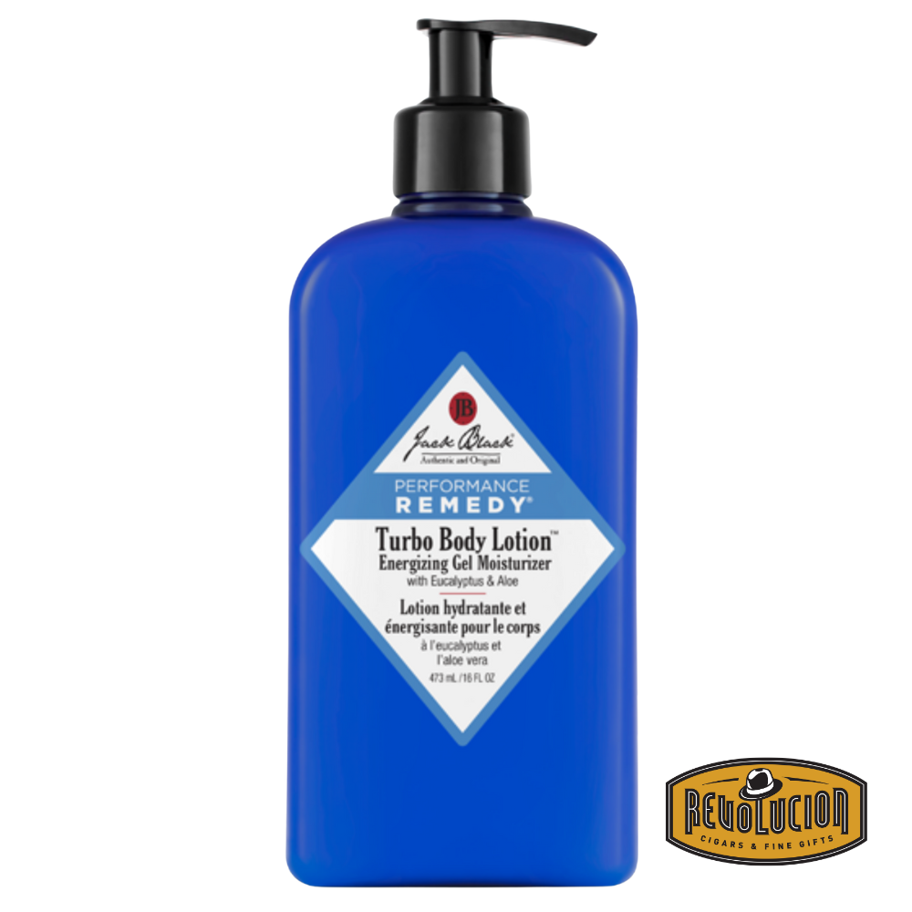 Jack Black Turbo Body Lotion bottle in a vibrant blue shade with a black pump top, labeled as an energizing gel moisturizer for invigorating full-body hydration.
