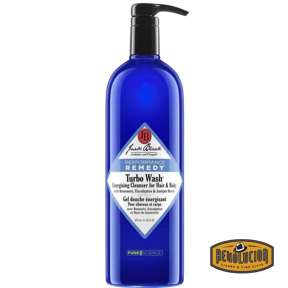 Jack Black Turbo Wash Energizing Cleanser in a vibrant blue bottle with black flip-top cap, formulated for full-body and hair use.