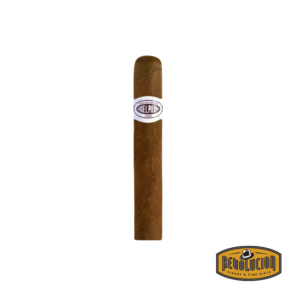 Jose Piedra Petit Cetros Cuban cigar on a white background with the Revolucion logo, featuring a medium strength profile and the classic Jose Piedra band.