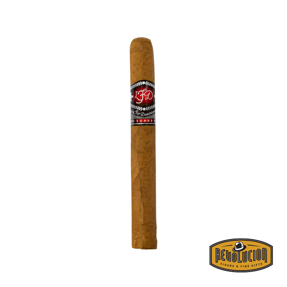 La Flor Dominicana Premium Insurrectos Suave Robusto Mild Bodied Dominican Cigar with elegant band and smooth wrapper, resting in a wooden tray.