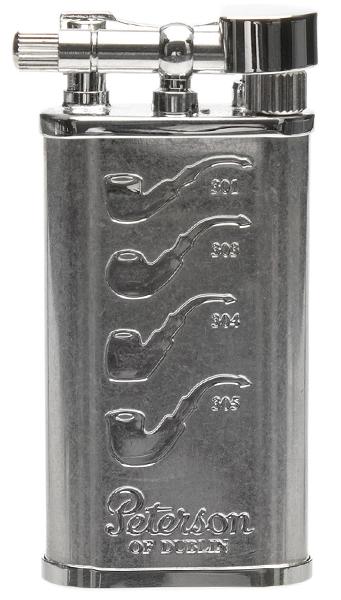 Silver metal Peterson System Pipe Lighter, Engraved with 8 different tobacco pipe shapes, plus “Peterson of Dublin” available at Revolucion Lifestyle mens gifts, tobacco and smoke shop in Vancouver  and online