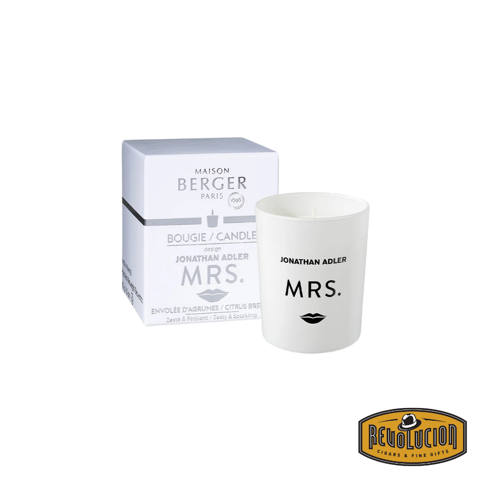 Maison Berger Paris candle designed by Jonathan Adler, featuring a sleek white container labeled ‘Mrs.’ with a zesty citrus fragrance