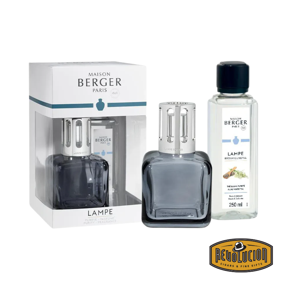 Maison Berger Ice Cube Lamp Gift Set in Grey, showcasing a sleek square-shaped diffuser lamp with a metallic silver crown, complemented by a boxed presentation and accompanying fragrance refill.