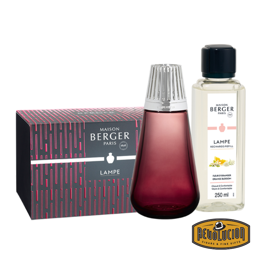 Lampe Berger Raspberry Amphora Gift Set with an Orange Blossom fragrance bottle and packaging in the background.