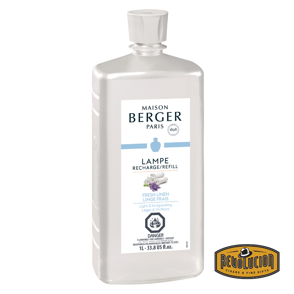 Lampe Berger Refill Fresh Linen 500 ml bottle with clear liquid and soft gray label, evoking crisp, clean fabric freshness.
