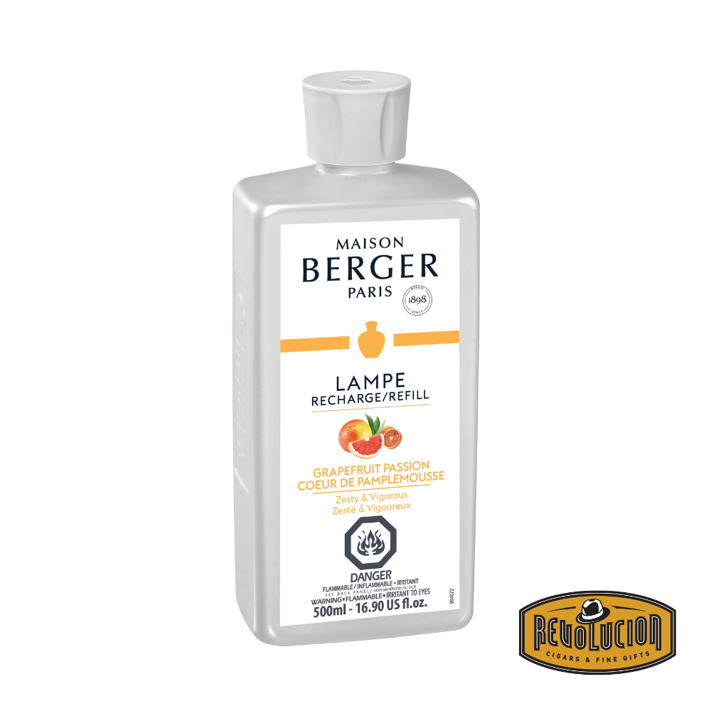 Lampe Berger Refill bottle of Grapefruit Passion fragrance, featuring a refreshing and vibrant blend of citrusy grapefruit and exotic passion fruit, ideal for energizing your space.