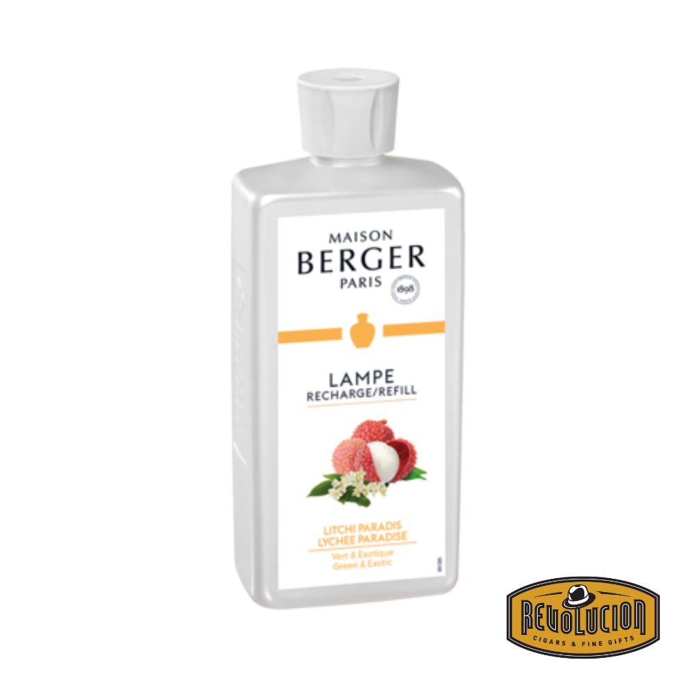A Lampe Berger Refill bottle in the Lychee Paradise fragrance, elegantly designed with a sleek label and signature branding. This premium home fragrance refill offers a sweet and exotic lychee aroma, perfect for refreshing indoor spaces.