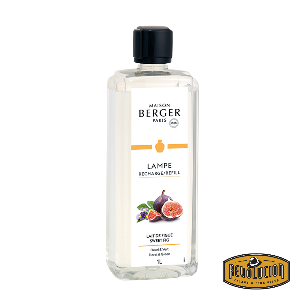 A Lampe Berger Refill bottle in the Sweet Fig fragrance, featuring a rich and fruity aroma with notes of ripe fig, fresh greenery, and subtle hints of musk for a warm and elegant ambiance.