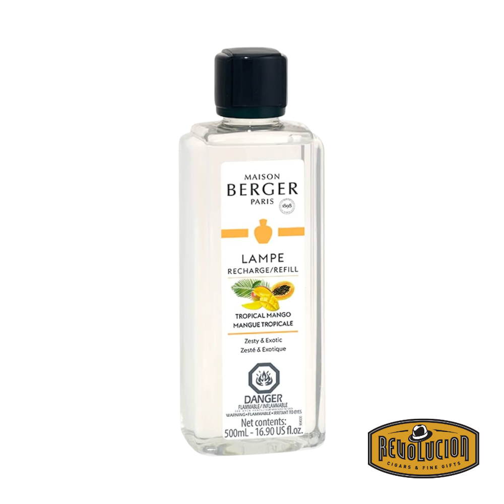 A Lampe Berger Refill bottle in Tropical Mango fragrance, featuring a vibrant and sweet mango scent that brings a tropical freshness to any space.