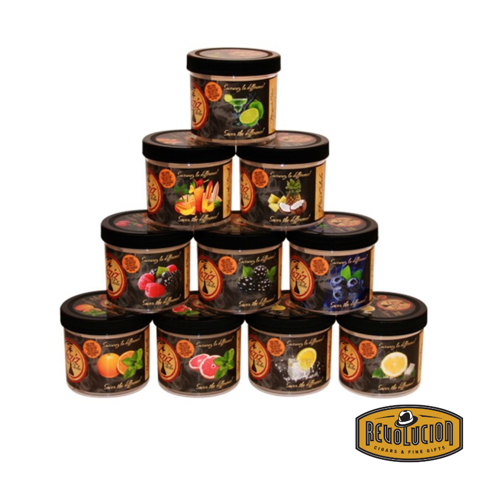 A pyramid-shaped arrangement of multiple Laziz Shisha herbal flavored shisha molasses cans, showcasing a variety of flavors.