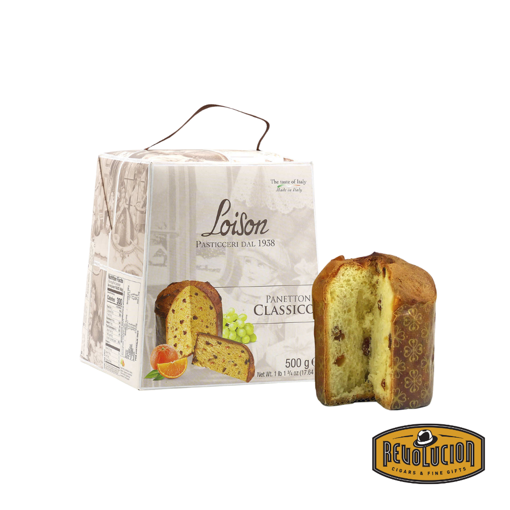 Loison Panettone Classico, Italian-made traditional holiday cake in decorative packaging with a slice showcasing its rich texture and fruit-filled interior.