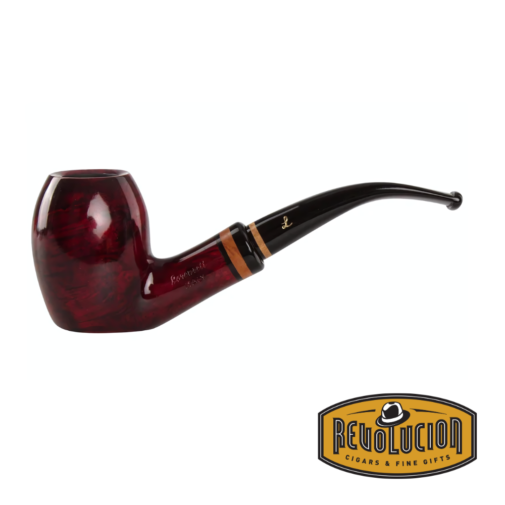 Lorenzetti Emperor Julius Caesar 27 Smoking Pipe featuring a rich dark red finish, classic bent shape, and elegant black stem with gold accents, displayed with the Revolucion Cigars &amp; Fine Gifts logo.