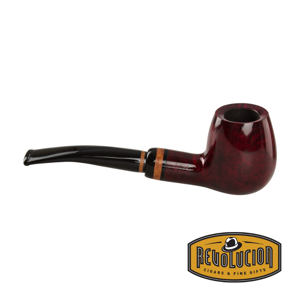 Two perspectives of the Lorenzetti Julius Caesar 49 Smoking Pipe, featuring a deep red finish, classic bent shape, and sleek black stem with wood accents, displayed with the Revolucion Cigars & Fine Gifts logo.