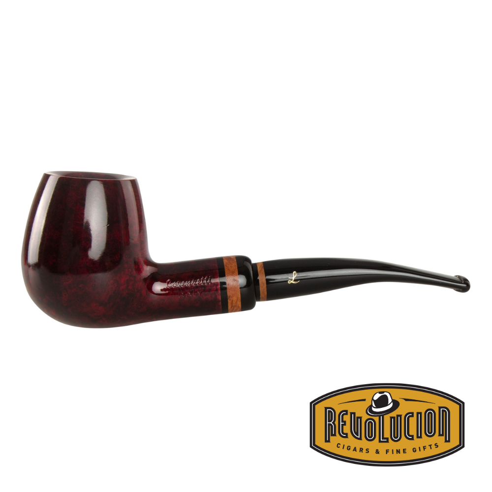 Two perspectives of the Lorenzetti Julius Caesar 49 Smoking Pipe, featuring a deep red finish, classic bent shape, and sleek black stem with wood accents, displayed with the Revolucion Cigars &amp; Fine Gifts logo.