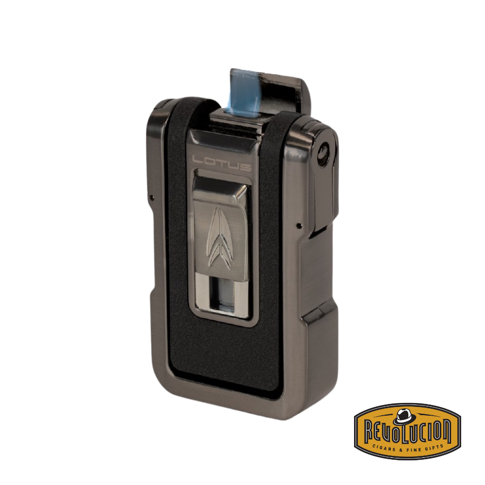 Lotus Axis Black Lighter – a sleek, modern torch lighter in matte black finish with ergonomic design, side ignition trigger, and visible fuel window.