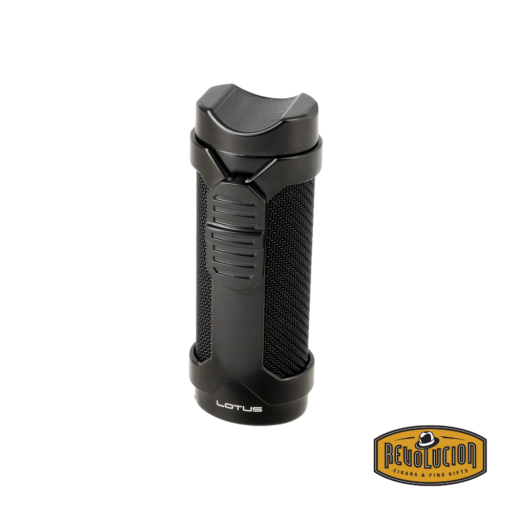 Front view of the Lotus Armor Triple Flame Lighter & Punch in black, showcasing its sleek and durable metal design, with the Revolucion logo in the corner.