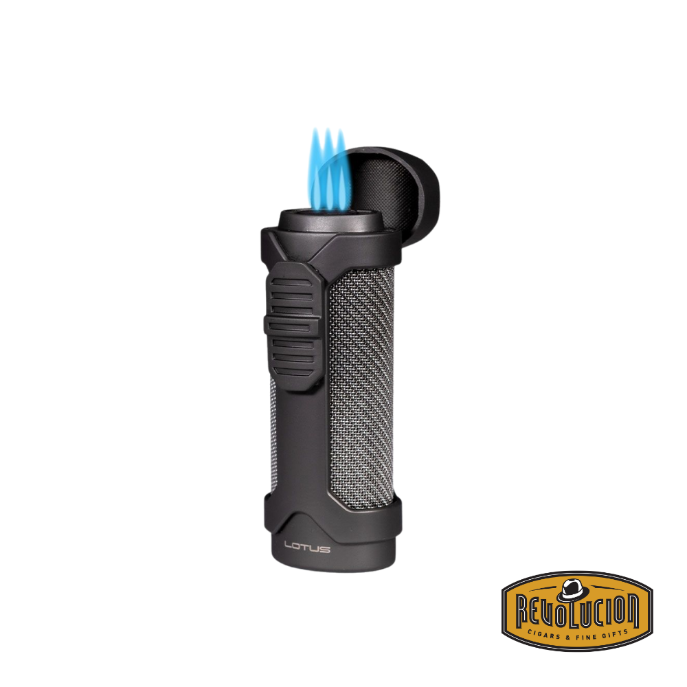 Front view of the Lotus Armor Triple Flame Lighter & Punch in black, showcasing its sleek and durable metal design, with the Revolucion logo in the corner.