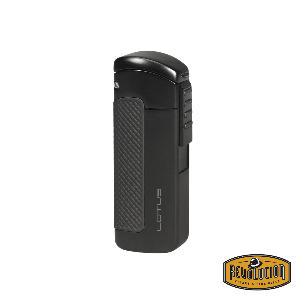 Lotus CEO Triple Flame Lighter in Black, featuring a sleek and modern front design with a sturdy metal finish.