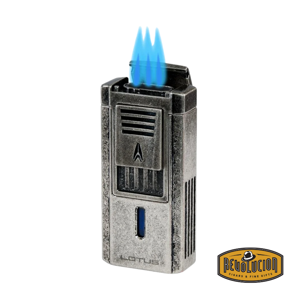 Lotus Duke V-Cutter & Triple Flame Lighter in Pewter, displayed with its powerful triple torch flames ignited.