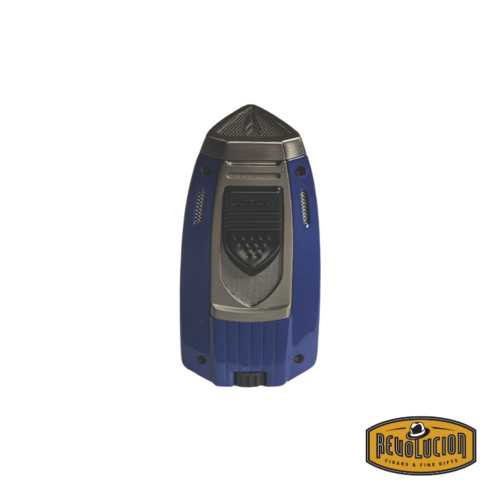 Lotus Mariner Dual Flame Lighter in blue, featuring a sleek design with an integrated cutter.