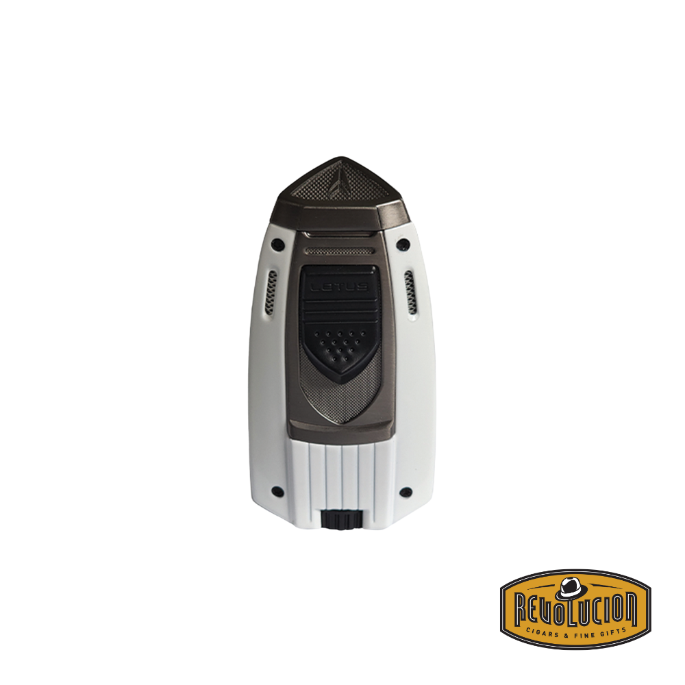 Lotus Mariner Dual Flame Lighter in white, featuring a sleek design with an integrated cutter.