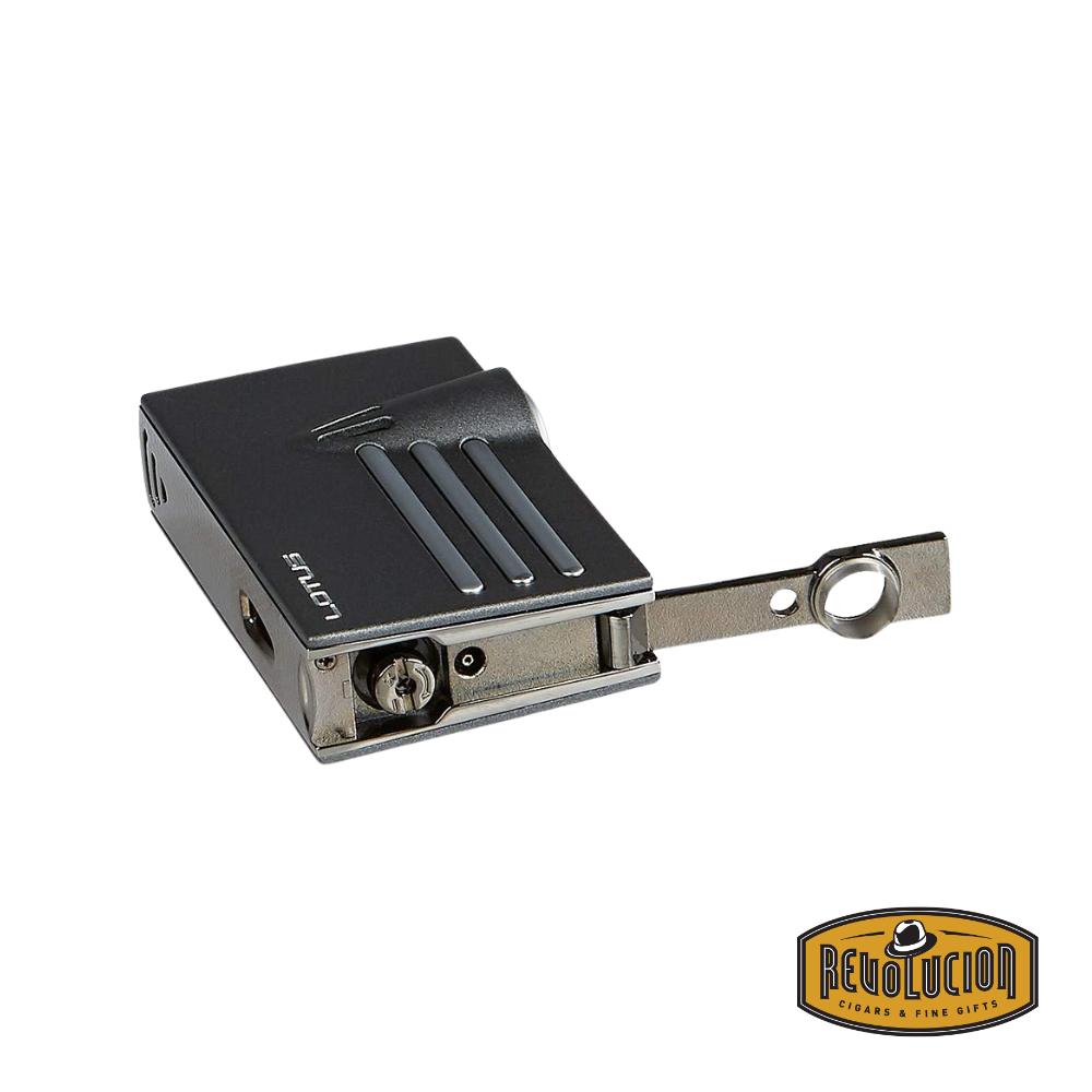 Lotus Orion Double Flame Lighter in Black Matte & Gunmetal, featuring a built-in cigar punch for added convenience.